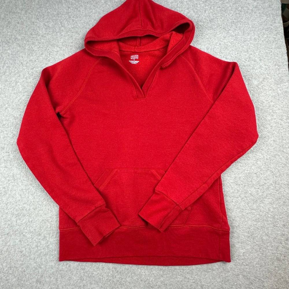 Soffe Red V-Neck Raglan Hoodie Sweatshirt Size L Pullover Fleece Pocket